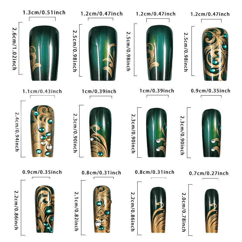 48pcs Long Taper Press on Nails, Dark Green Gold Swirl Rhinestone Luxury Nails