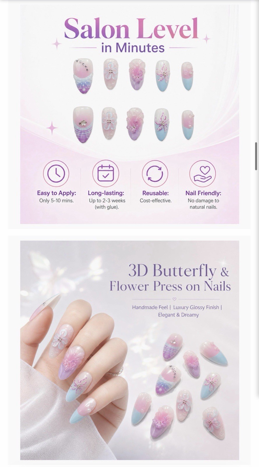 YWCYSP Acrylic Press-On Nails 3D Butterfly Flower Pink/Purple/Blue/White HCDH