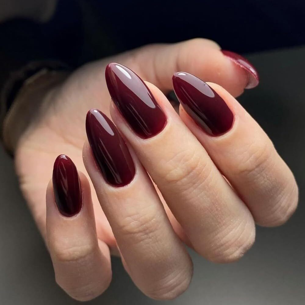 24× Wine Red Solid Color Fake Nails Reusable Medium Almond Press on Nails Glossy