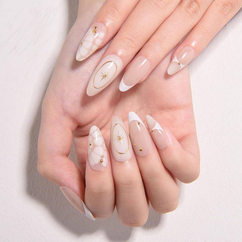evpct Bohemian Nude White Tip Medium Almond Press On Nails