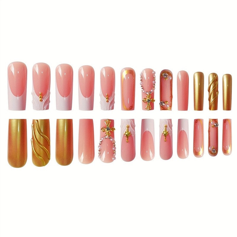 Long Square Gold Nails 3D Water Ripple Cross Rhinestone Press On Nails