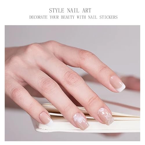 Gel Nail Stickers French Tip White Flower Semi Cured Gel Nail Strips Wraps