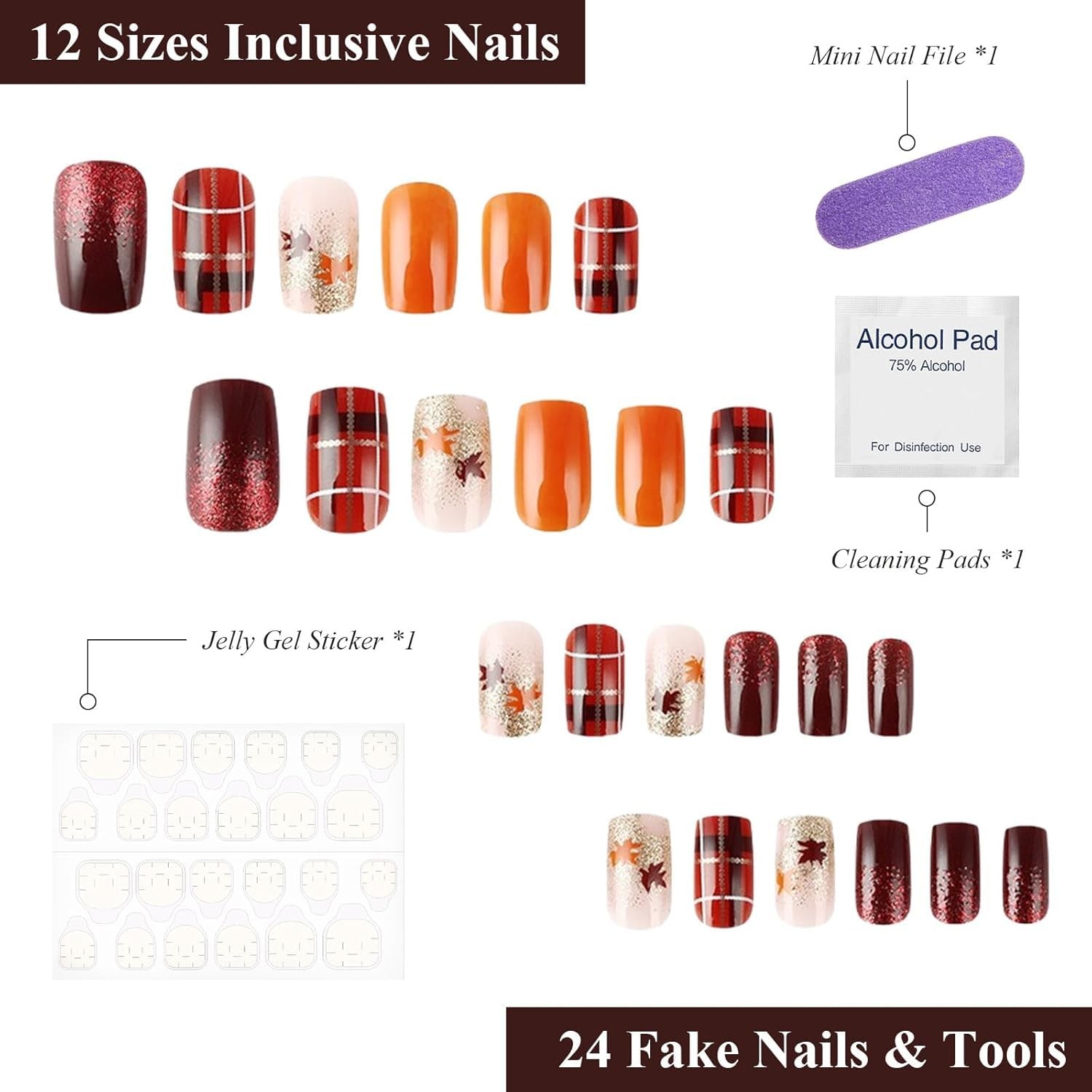 Press on Nails Fall Medium Maple Leaf Fake Nails Autumn Brown Plaid Square Gl…