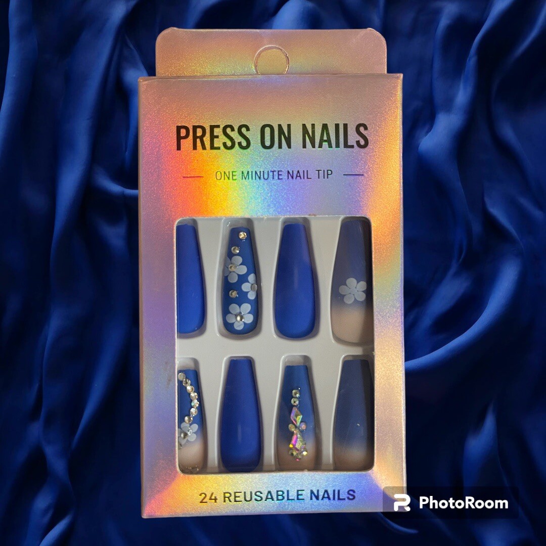 Royal Blue Rhinestone Flower Press On Acrylic Nails Medium Length Square Shape