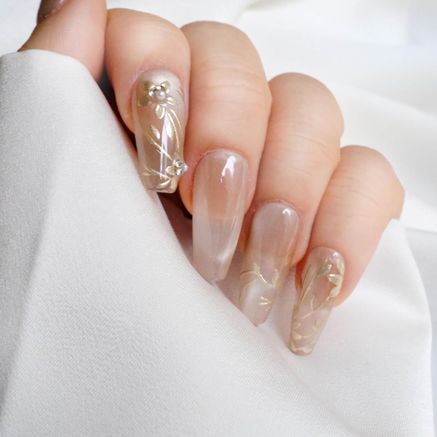 GLORS Nude Long Ballerina Press-On Nails, Gold Floral & Pearls, 10 Pcs