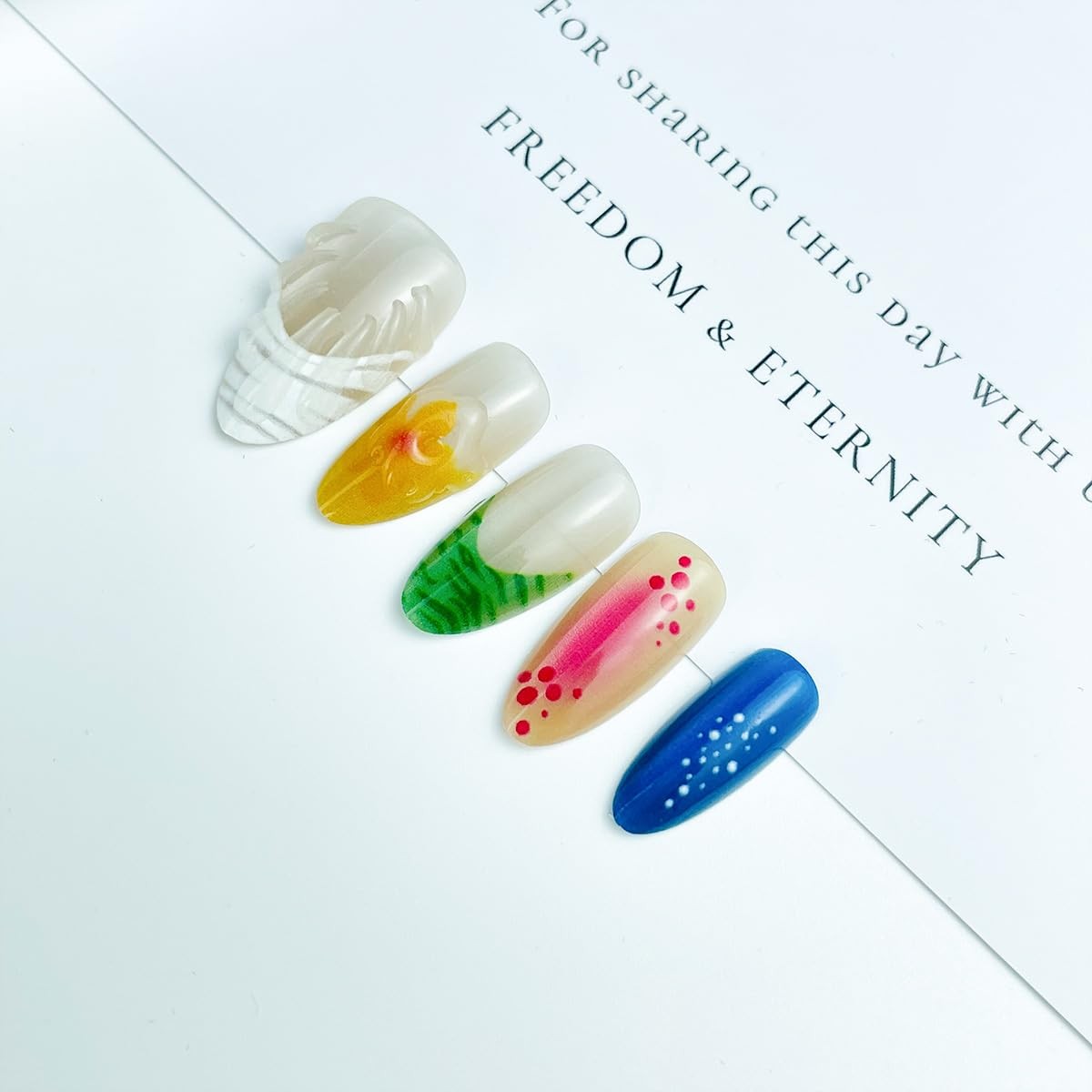 10pcs Flower French Tip Press On Nails Colorful Glossy Almond Shaped Fake Nai…