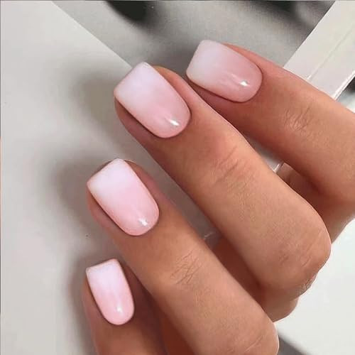 Press on Nails Short Square Acrylic Fake Nails with Apricot Beige White Pink