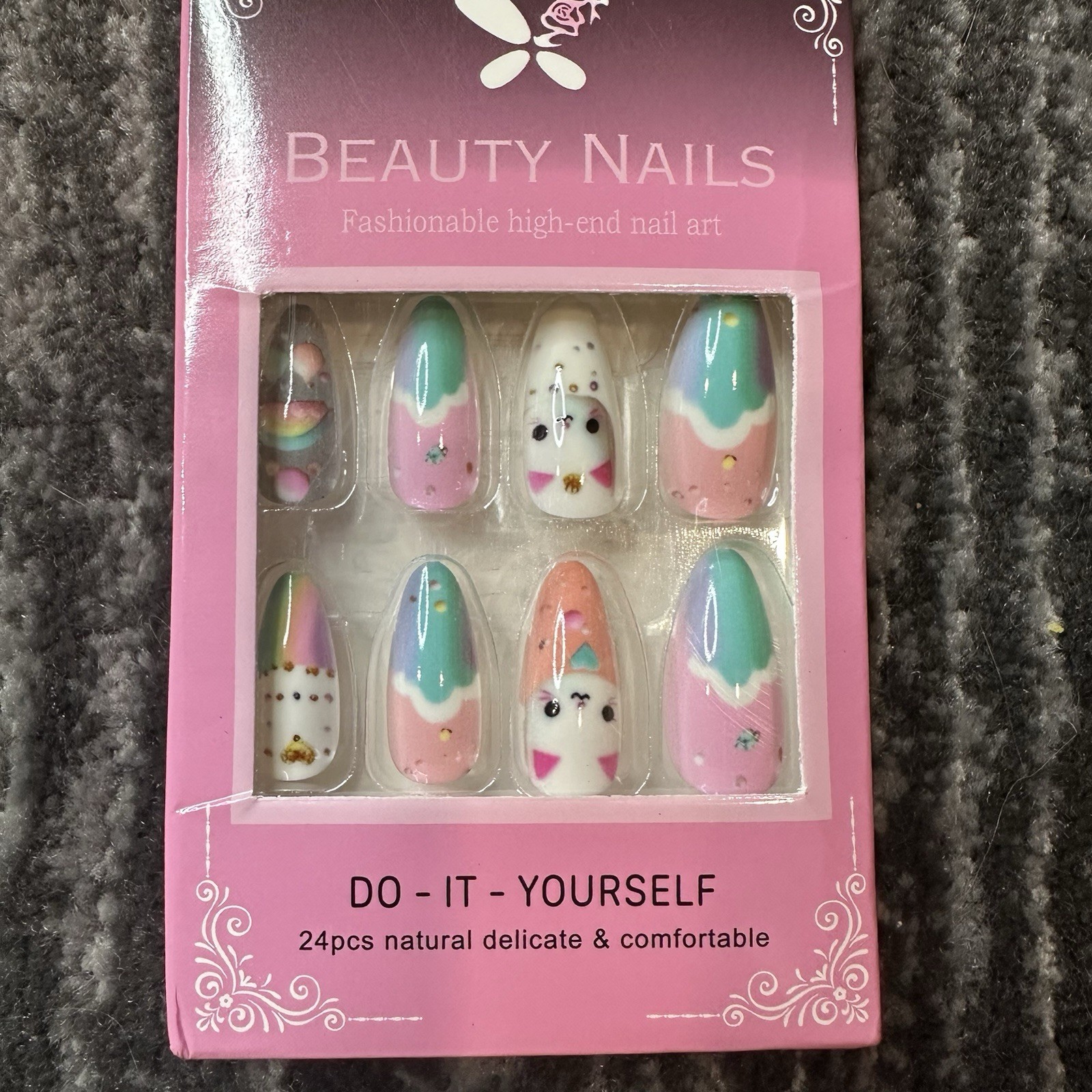 False Nails Cat Nail Pink Faux Nails Pack of 24 Long Pointed Cat Lady Gift New