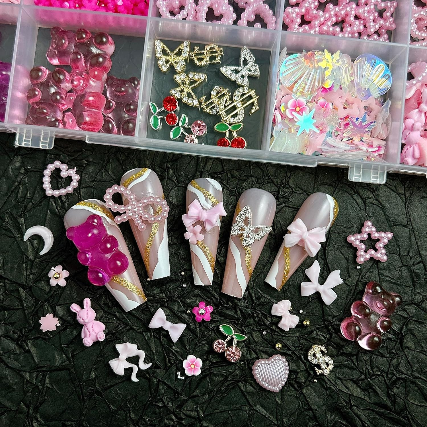 Gummy Candy Bear Valentines Nail Charms, Cute Pink Flower Bow 3D Nail Charms for