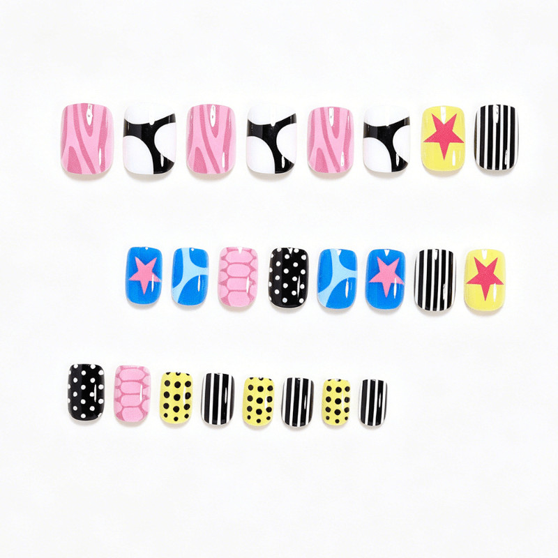 48pcs Short Square Press On Nails, Y2K Colorful Star & Polka Dot Striped Design