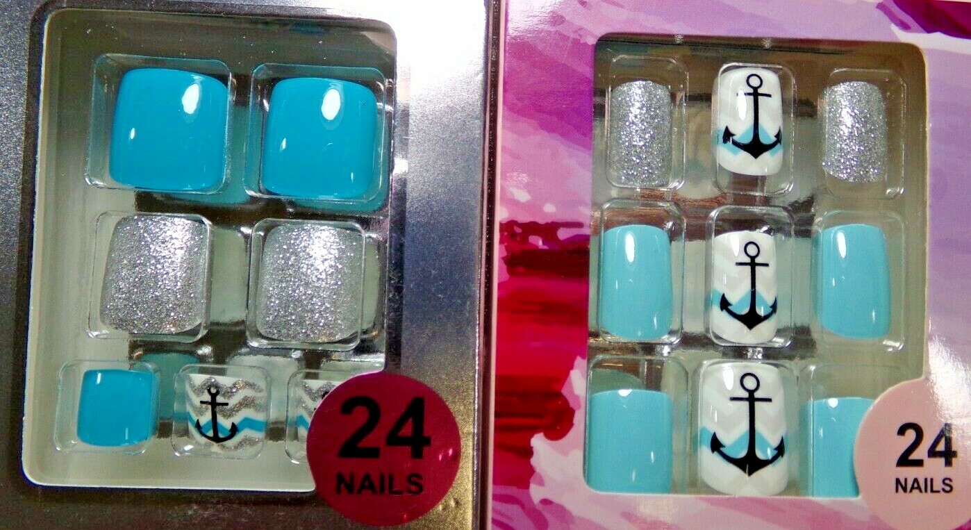 Set Finger & Toe Pretty Secrets Navy Anchors Sailor Aqua Blue Glue on Nail Short