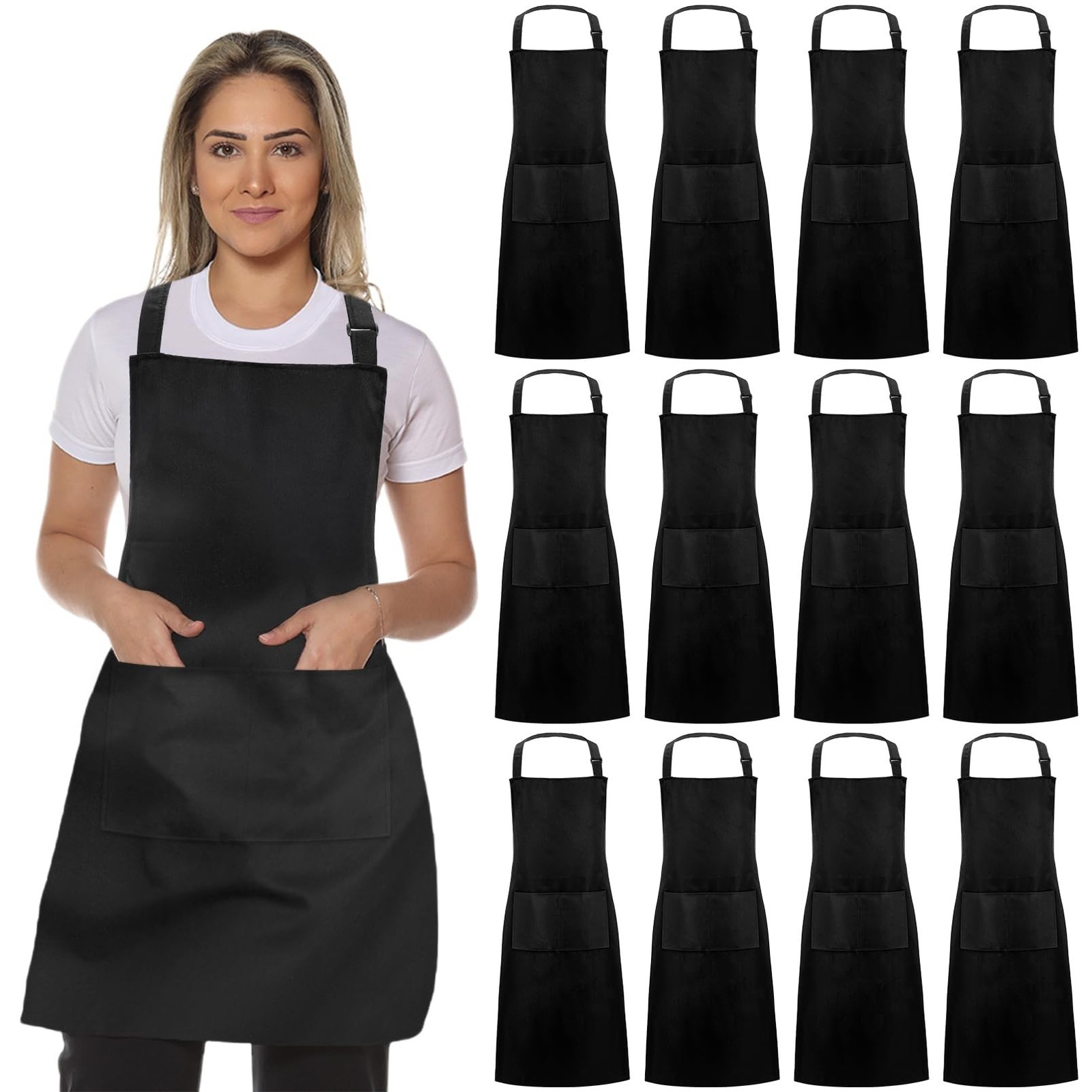 12Pcs Bib Aprons Bulk,Adjustable Black Apron with 2 Pocket,Waterproof Kitchen…