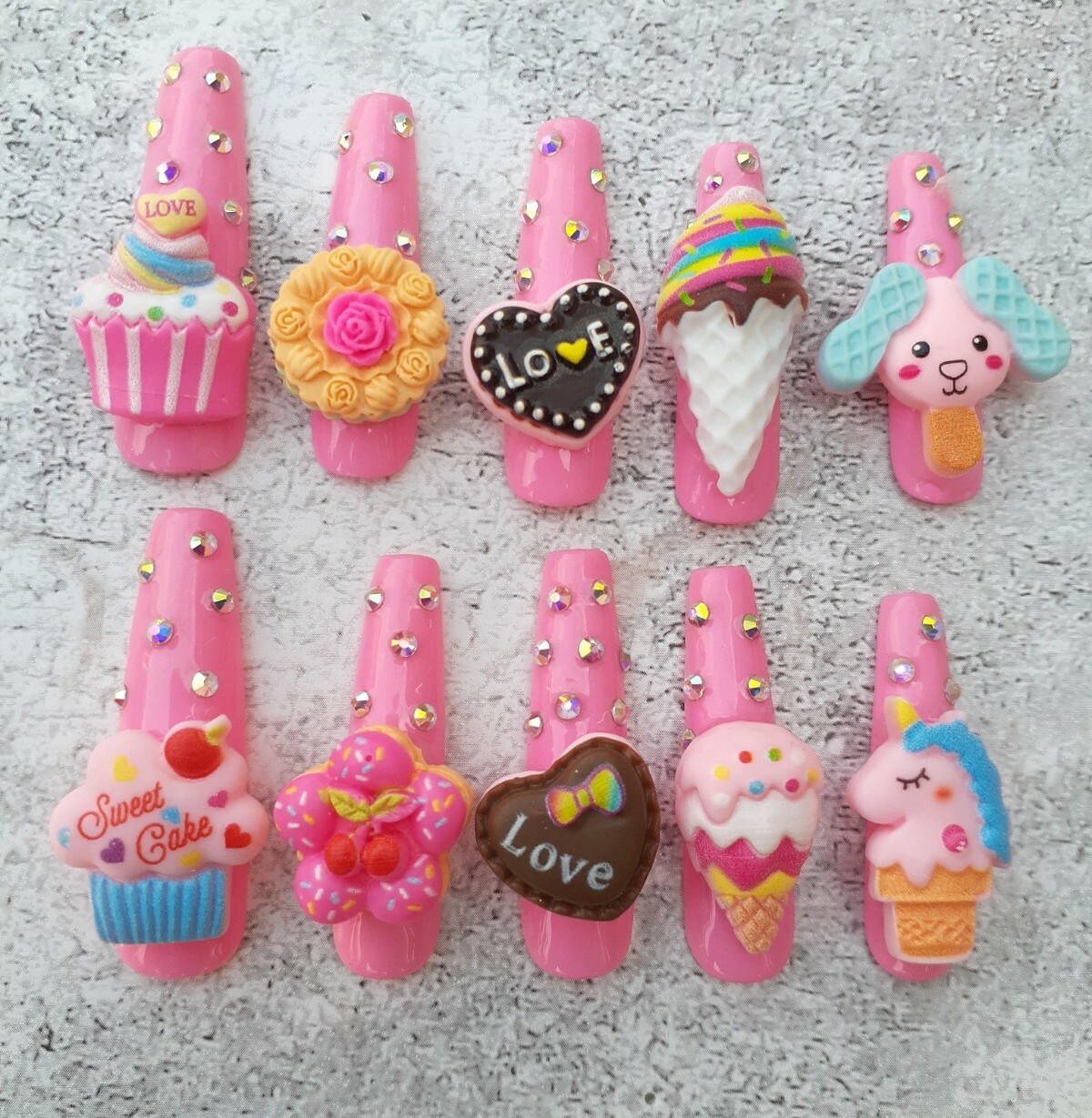 XXL -Long Pink Kawaii 3D Large Charms Junk Japanese Crystals Press on Nails