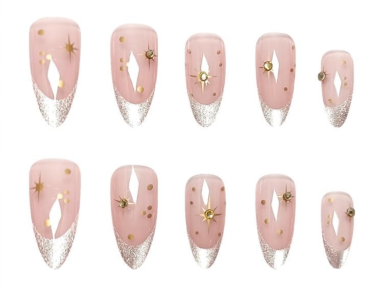 24Pcs Silver Press on Nails Medium Almond Fake Nails Diamond Glitter French Tip