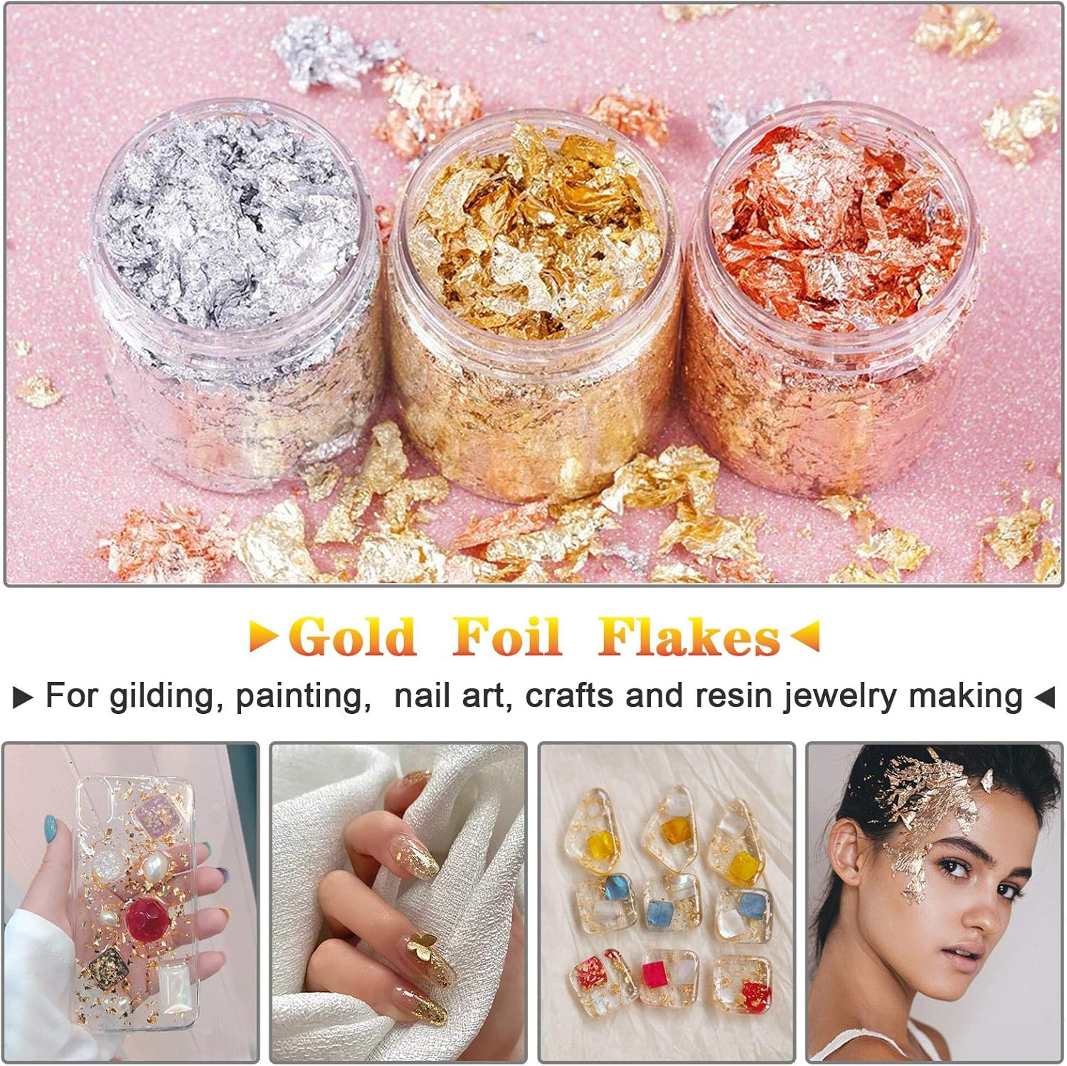 Gold Foil Flakes with Tweezers and Brush, 3 Colors Imitation Gold Foil Flakes Me