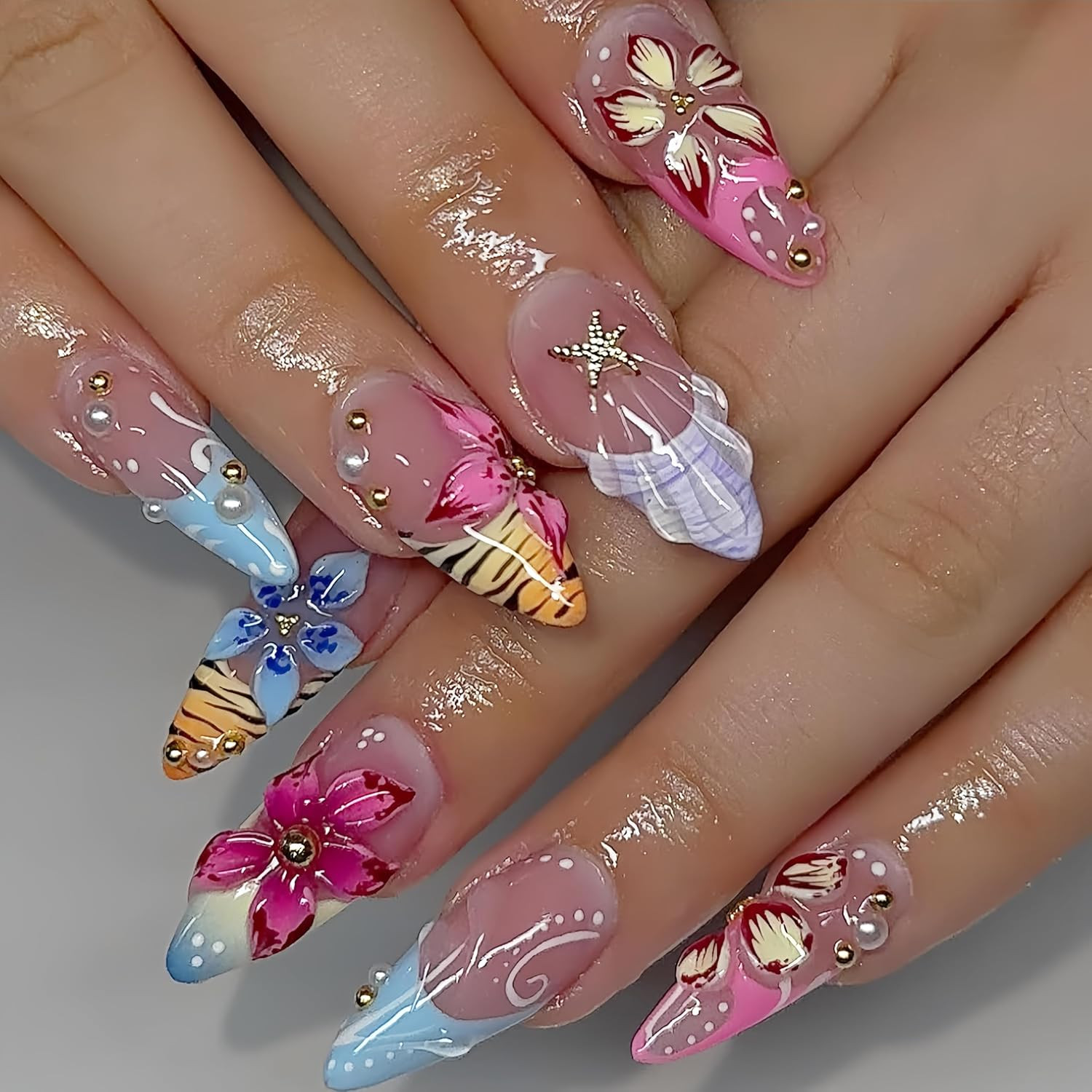 24Pcs Flower Press on Nails Medium Almond Fake Nails with 3D Colorful Floral Gol