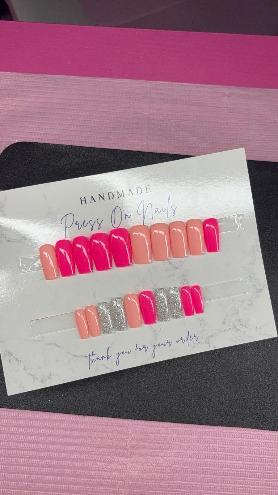 Medium square Press on nails silver glitter neon pink peach handmade gel