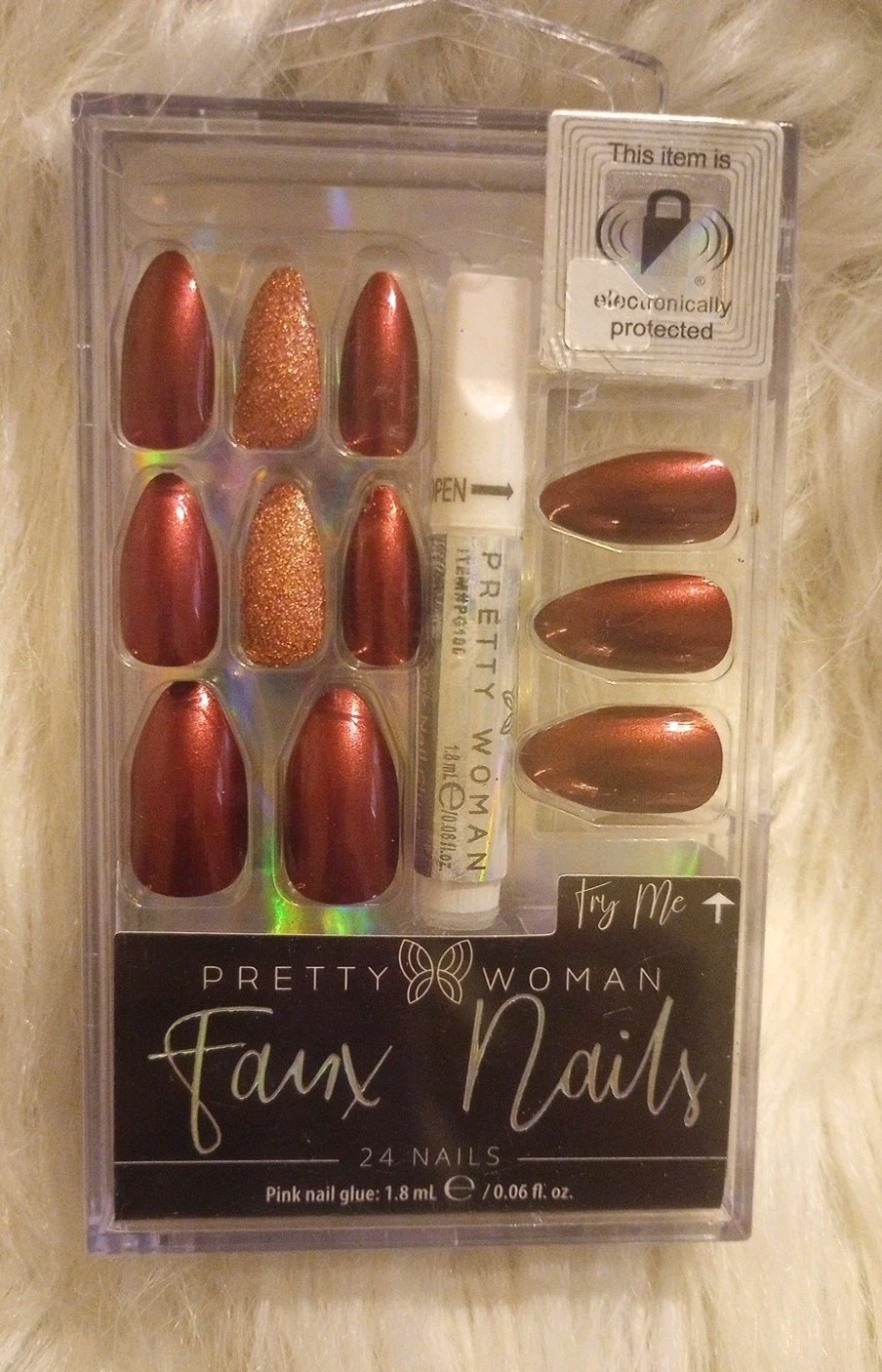 24 Nails Burgundy Press on Faux Fake False Fingernail Pretty Woman Glue Glitter