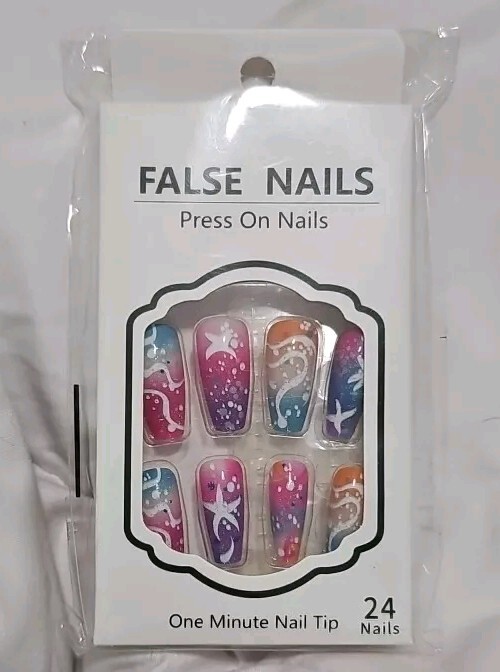 24pcs Summer Vibes Press-On Nails Set – Colorful Striped & Starfish Design,…