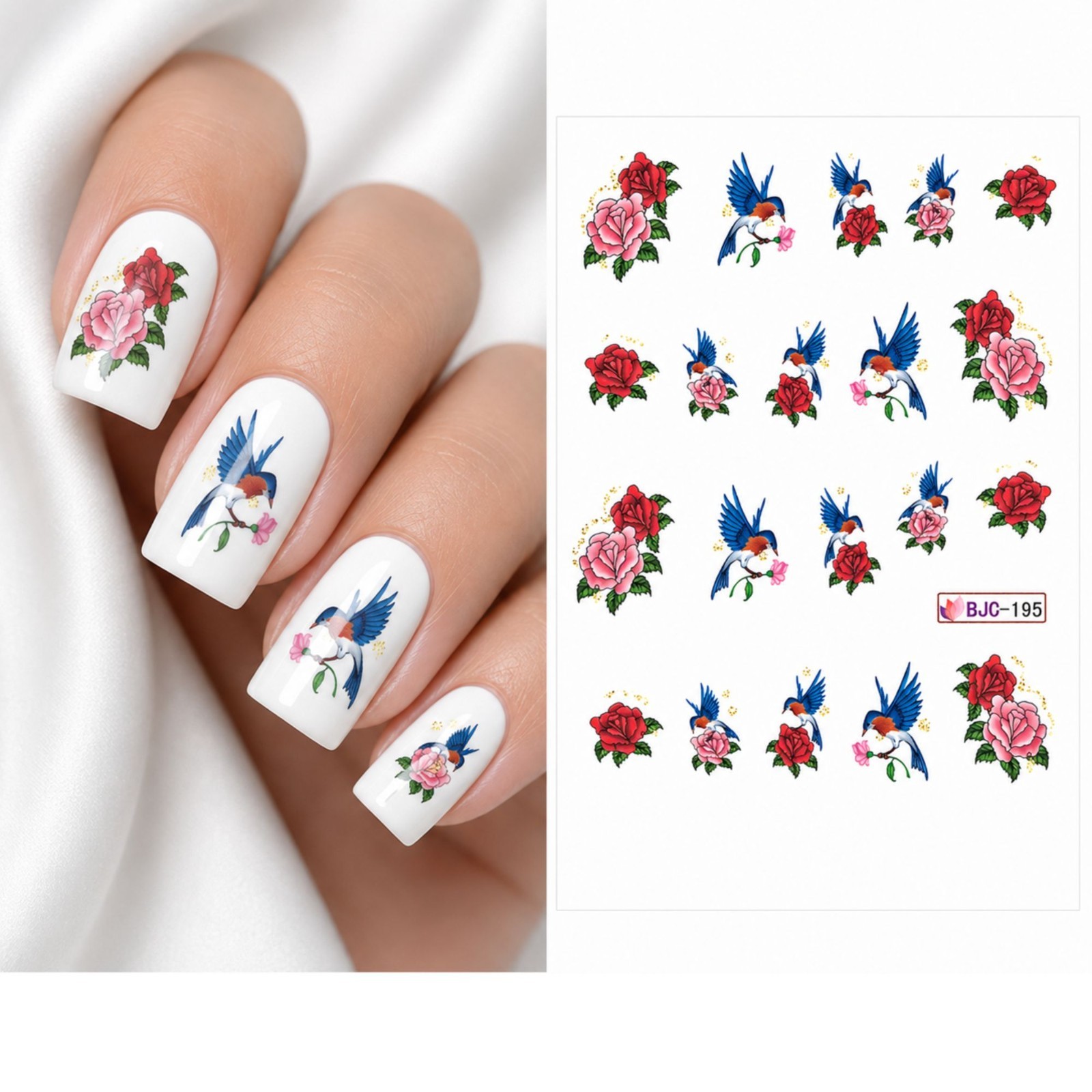 Red Rose Swallow Blue Bird Nail Art Water Decals Manicure Blossom Finger Beauty