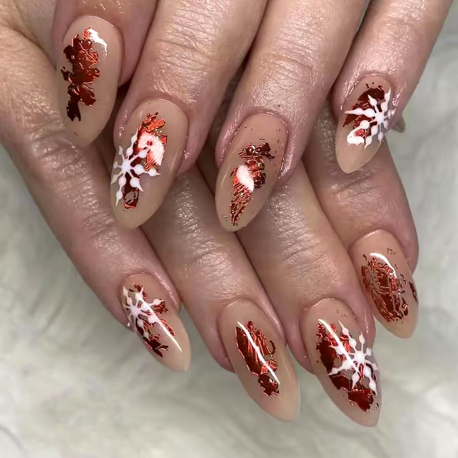 Christmas Press on Nails Almond Shaped Glossy Full Cover Acrylic Medium Almon…