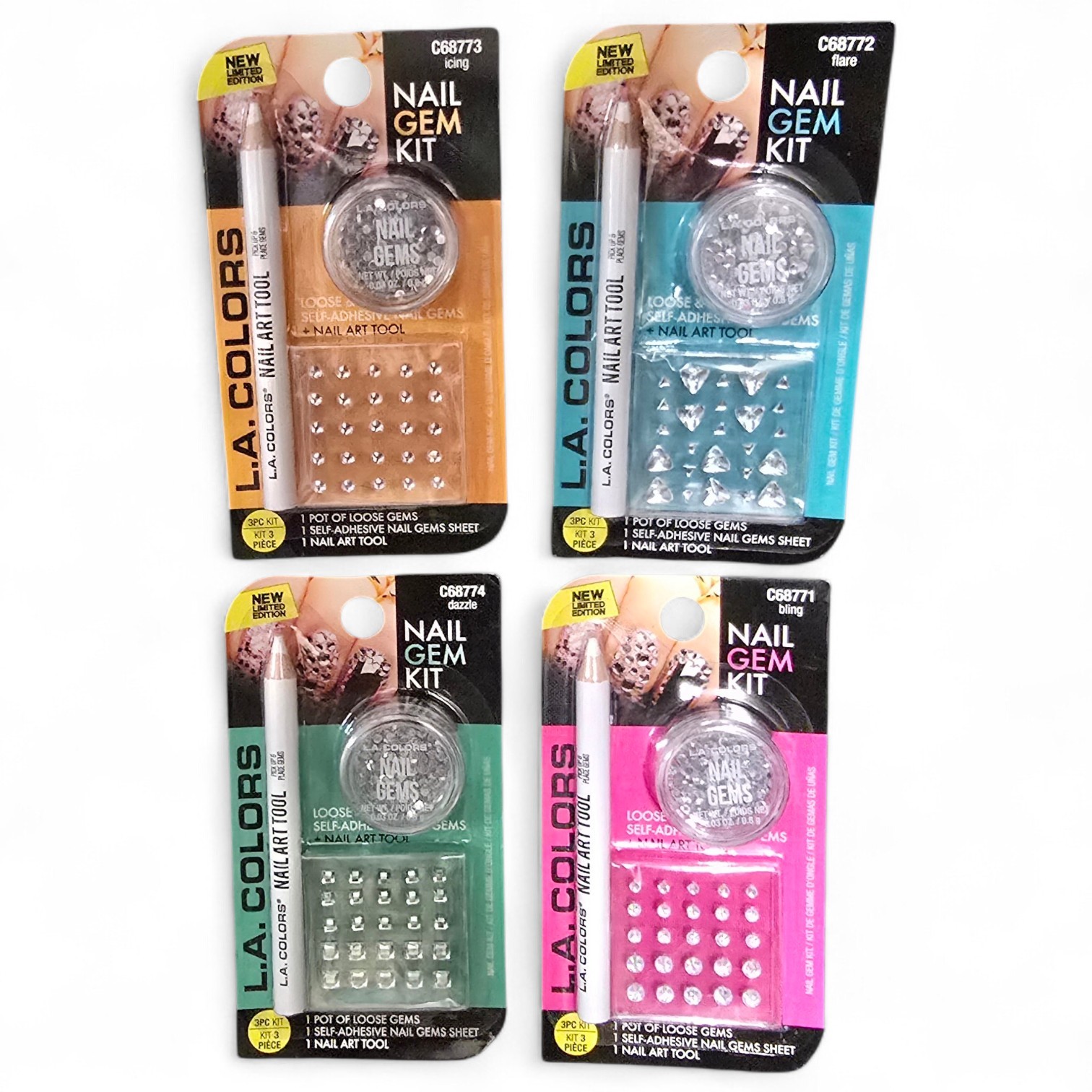 ✨ LA Colors Nail Gem Kit Bundle 4 Pc Bling Flare Dazzle Icing Nail Art Set New