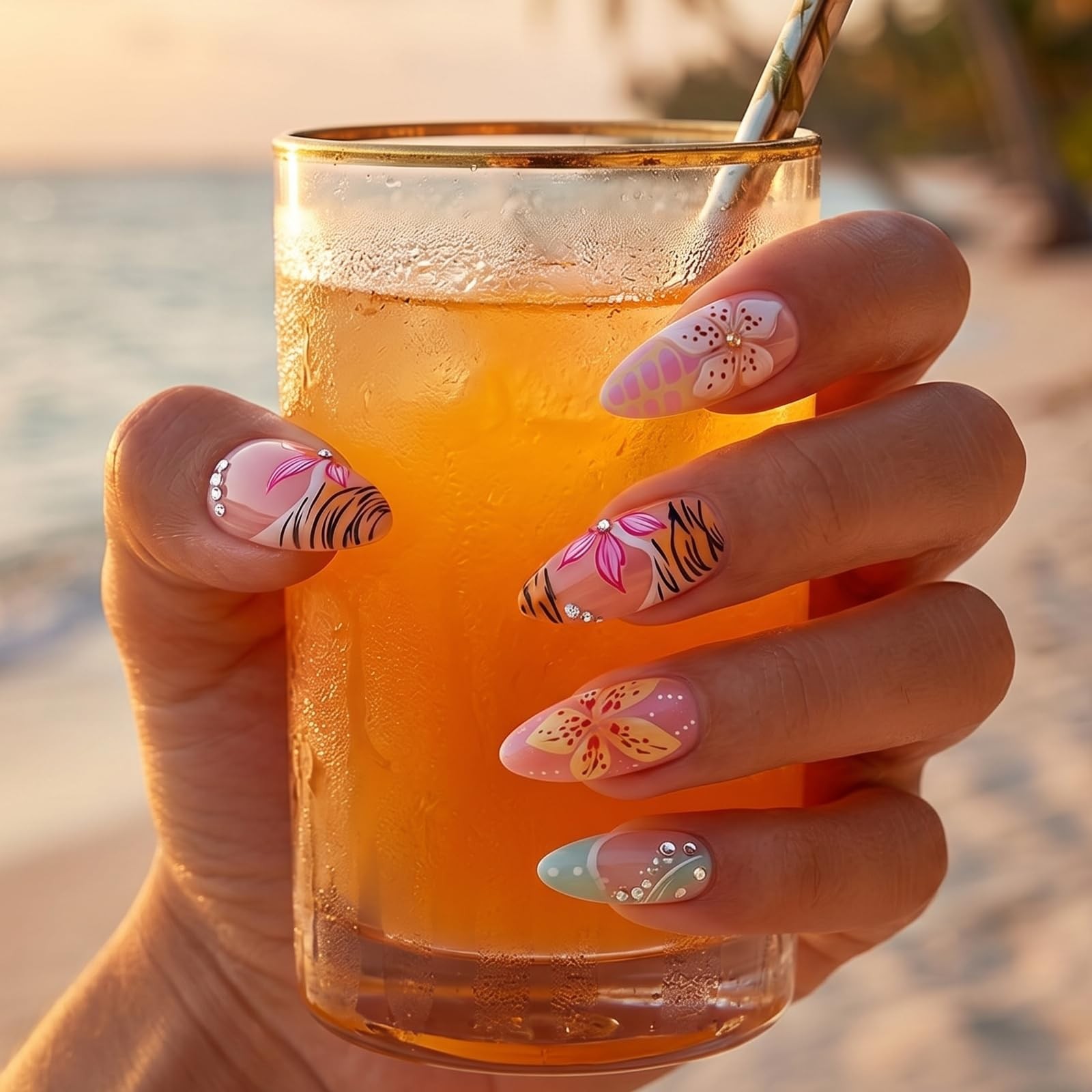 24Pcs Long Press on Nails Almond – Elegant French Tip Fake Nails with Hawaii …