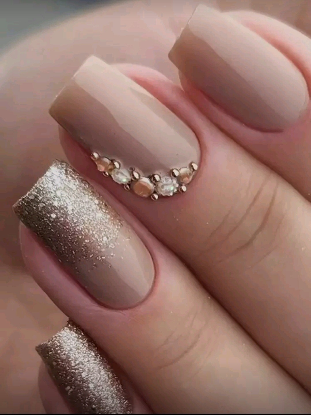 Press-On Nails Tan Taupe Brown 3D Rhinestone Accents Medium Coffin Shape