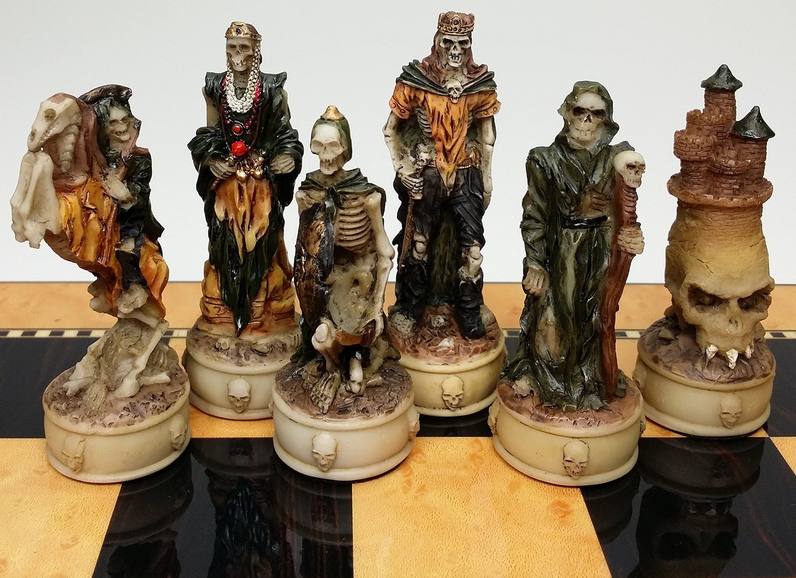 Skeleton Slayer Gothic Skull Chess Set W/High Gloss Dark Walnut & Birdseye…