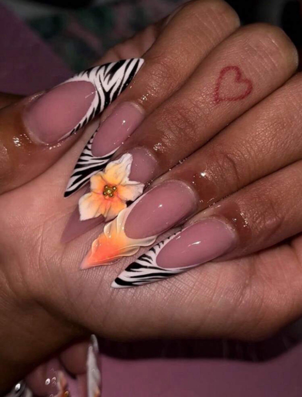ENEN Medium Almond 3D Floral Press-On Nails Pink Zebra French Self-Adhesive