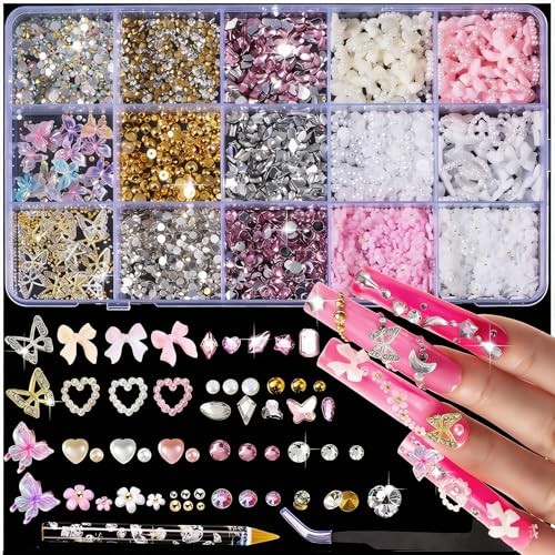 10000 Nail Spells and Gem Set, Pink Cute Bow, 3D Flowers, 15 grid pearl flowers