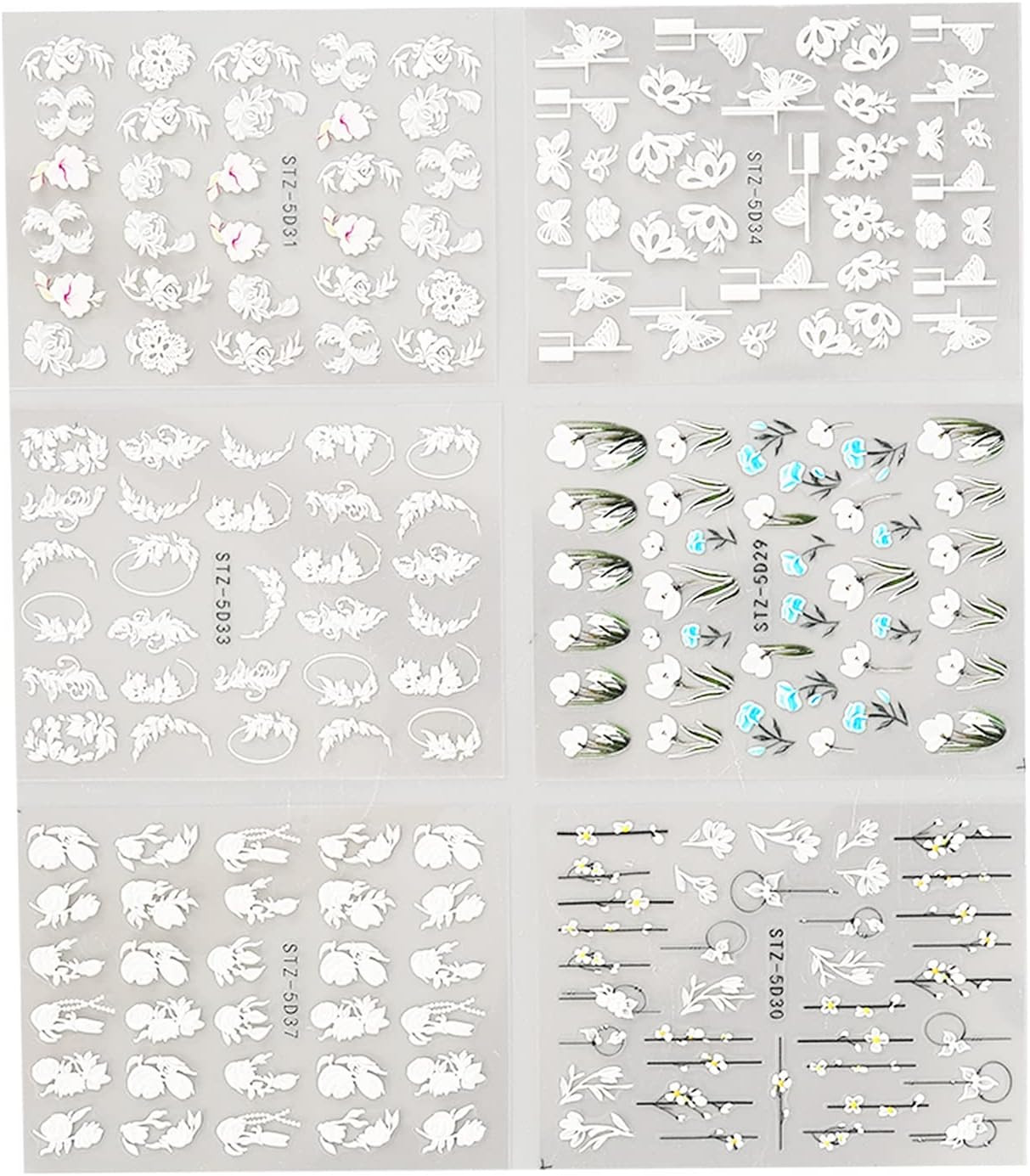 6Pcs Floral Nail Stickers Mixed Self Adhesive 3D Embossed Art Stickers Piece for