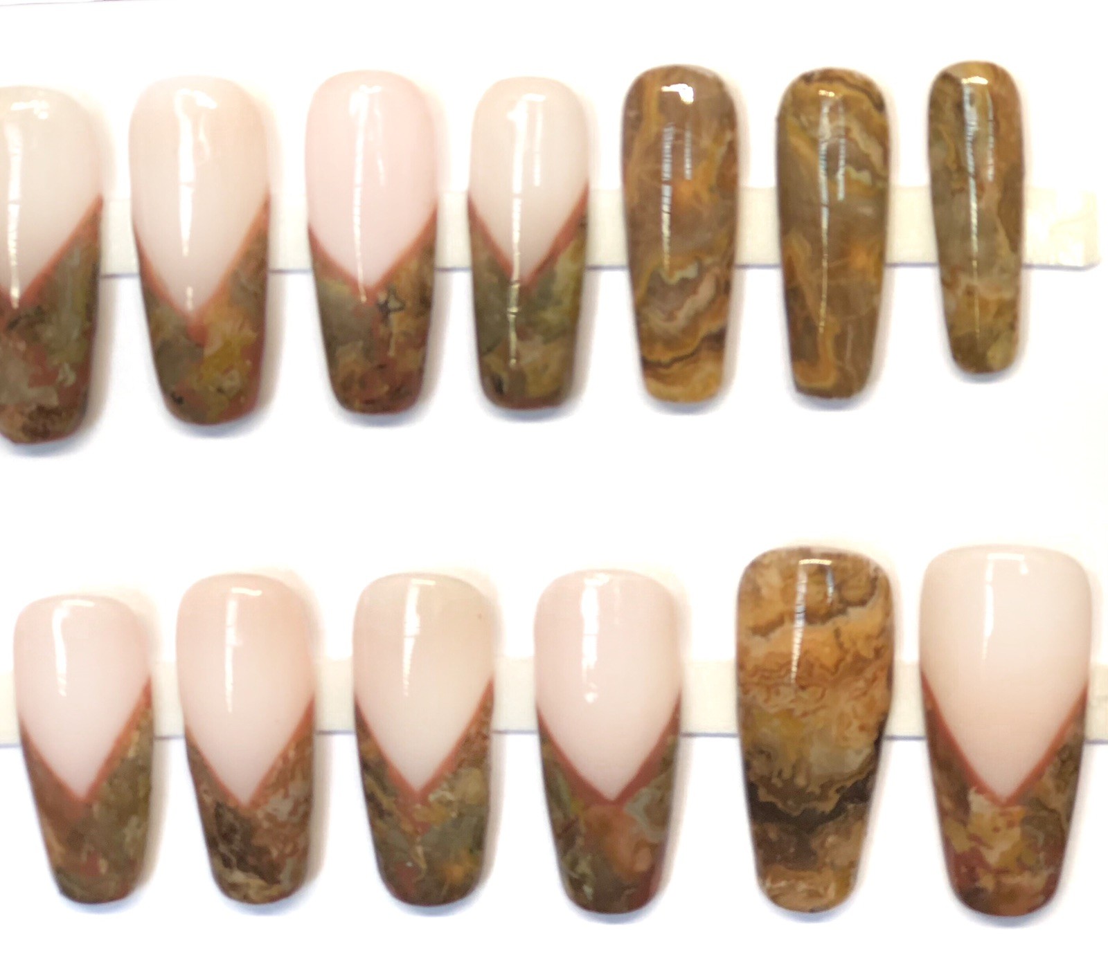 Custom Handmade Press On Nails Long Coffin Milky White Brown French Marble Nails