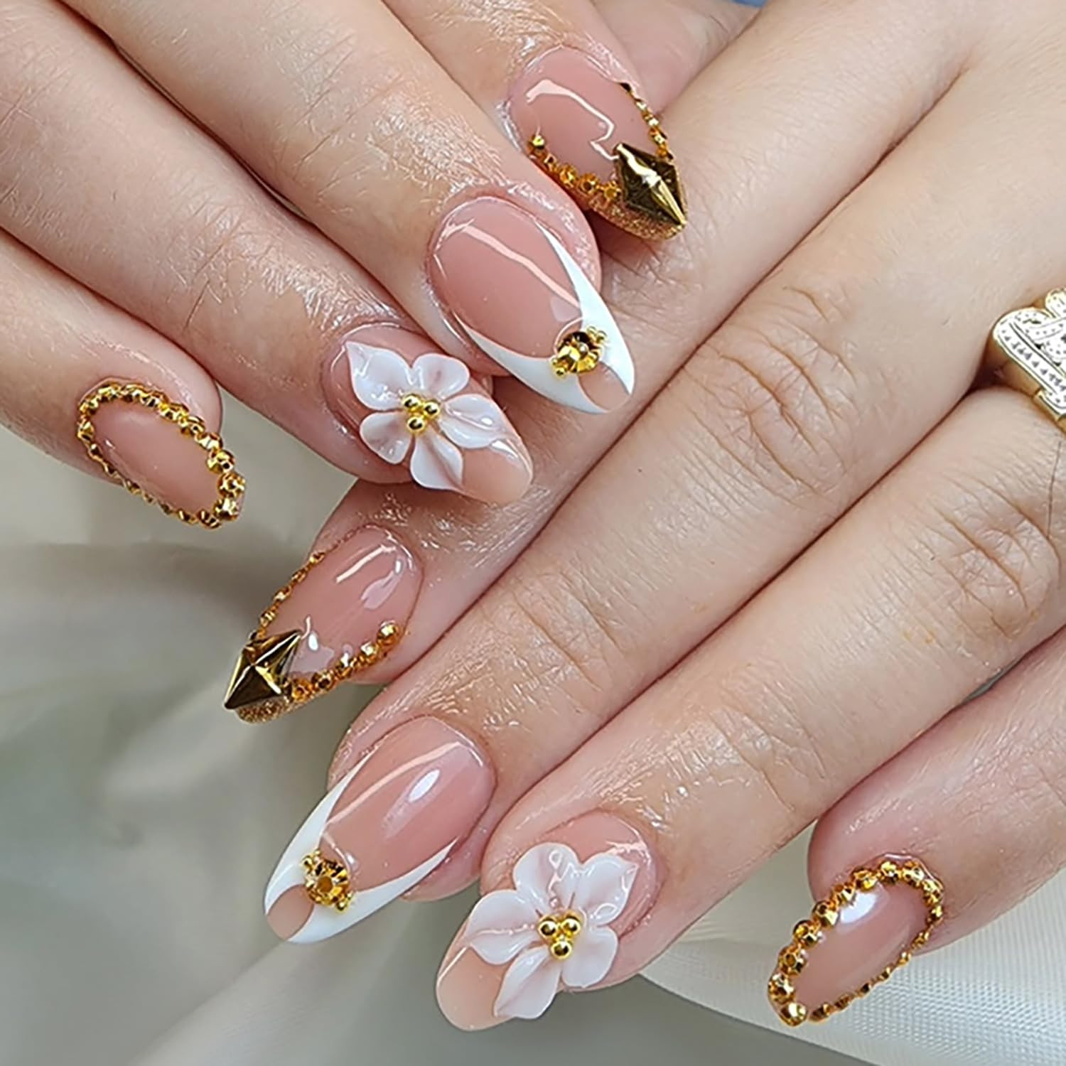 24Pcs French Tip Press on Nails Medium Almond Fake Nails with 3D Flower Gold Rhi