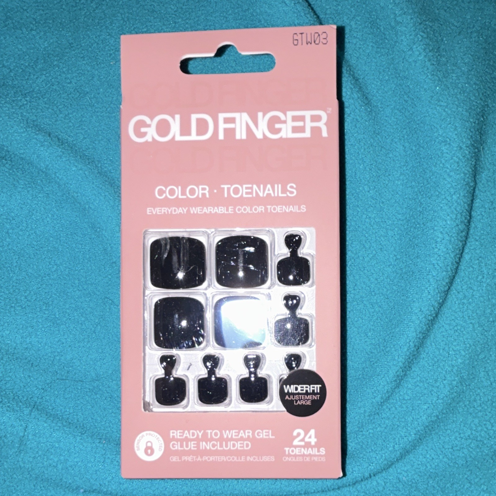 Gold Finger Black Shiny Square Short Gel Toe Press-On Nails Glue Included GTW03