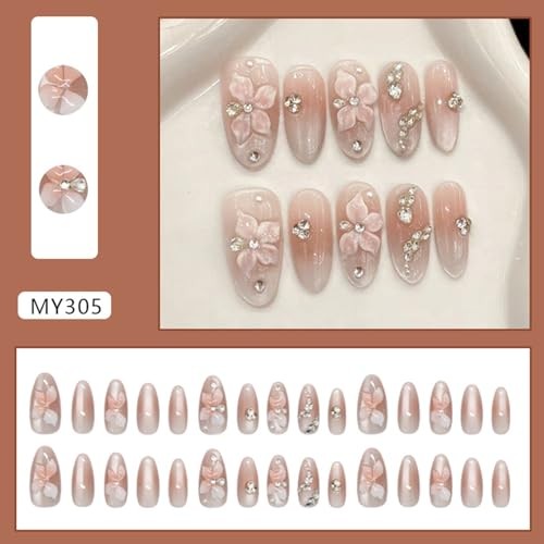 30Pcs Lily Flower Press on Nails Medium Length Rhinestones and Glitter