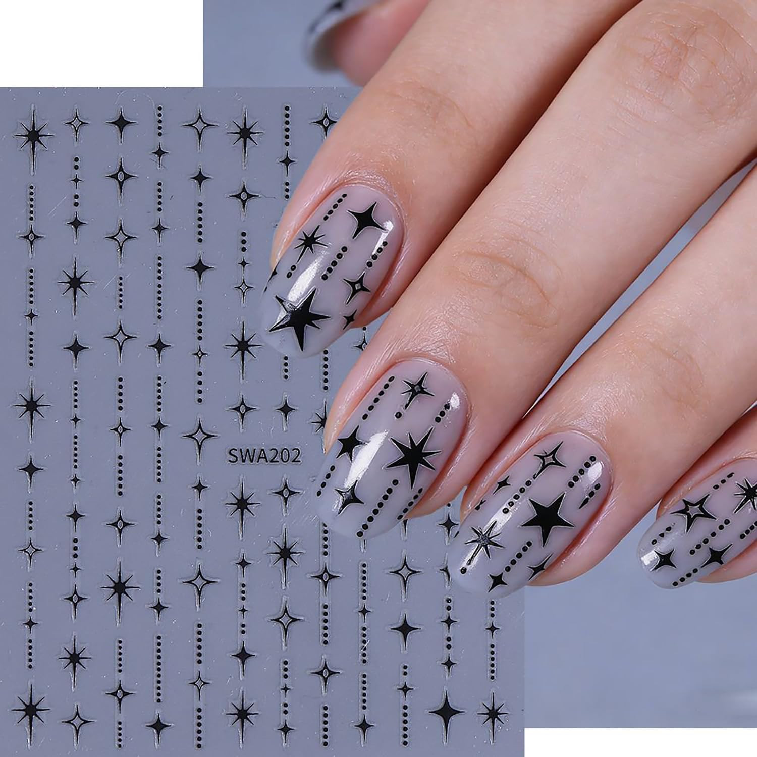 6 Sheets Stars Nail Art Stickers 3D Self -Adhesive Gold Silver White Black Laser
