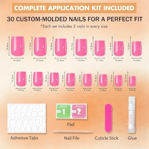 Hot Pink Press On Nails – Short Square – 30 Pcs Sturdy Reusable Fake Hot Pink