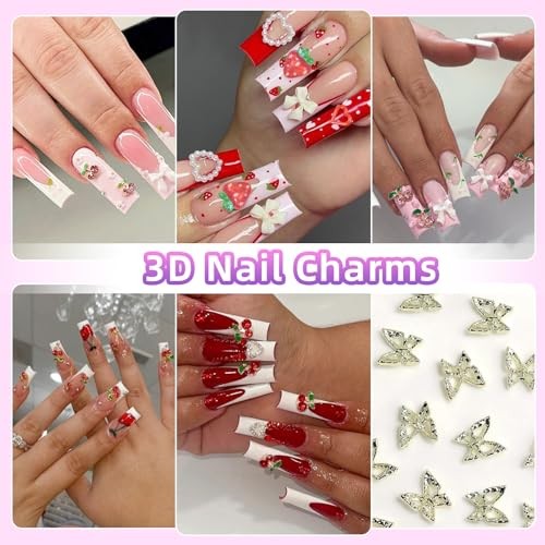 Fruit Cherry Butterfly Nail Charms Gems, Gold Silver Cherries Butterflies