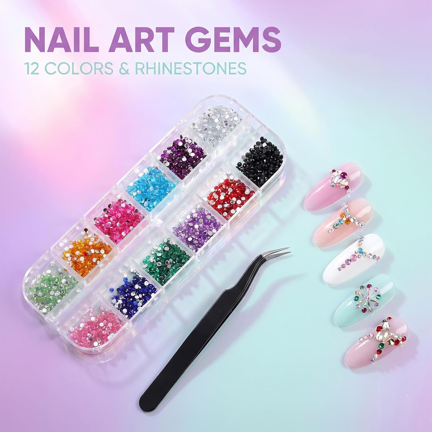 3000PCS 2mm Multicolor Nail Rhinestones, 12 Colors Flatback Gems
