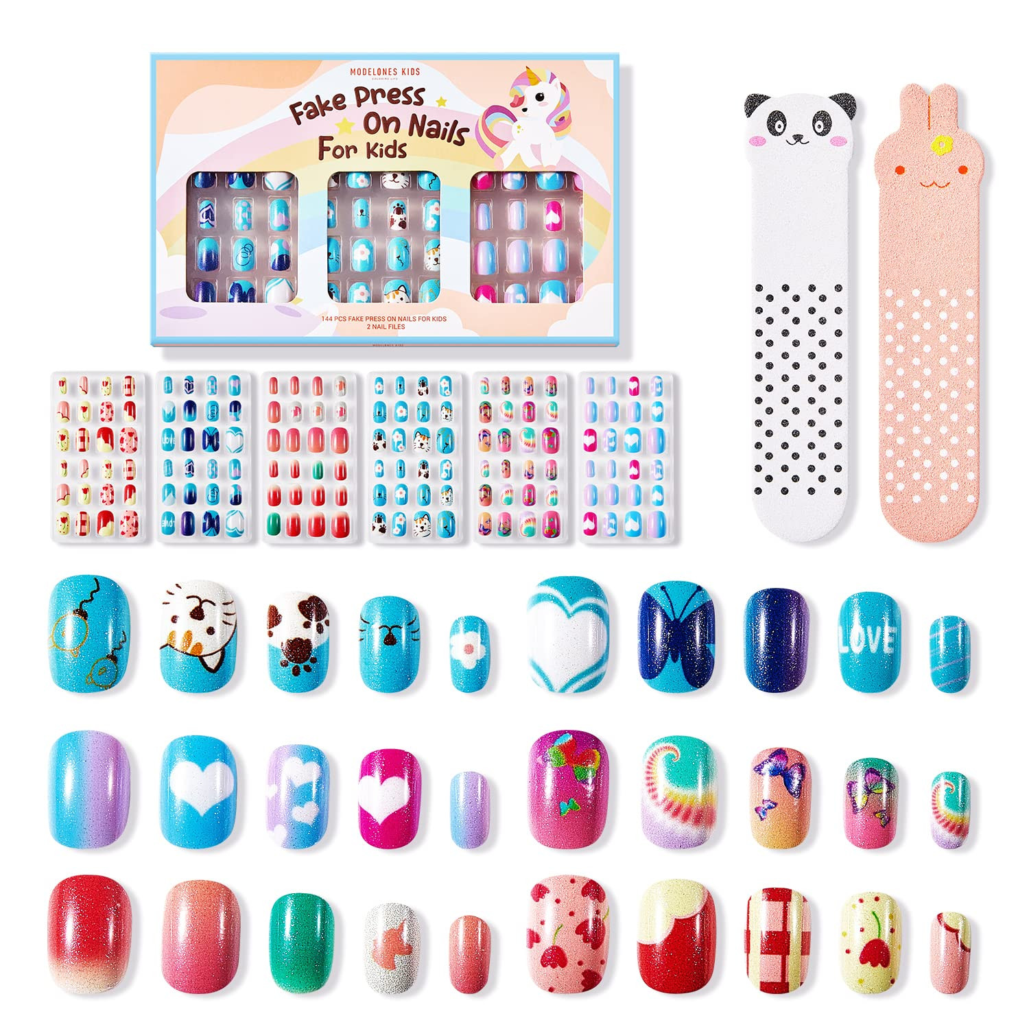 Modelones Press on Nails for Kids 144Pcs 6 Pack Children Acrylic Fake Nails Pre-
