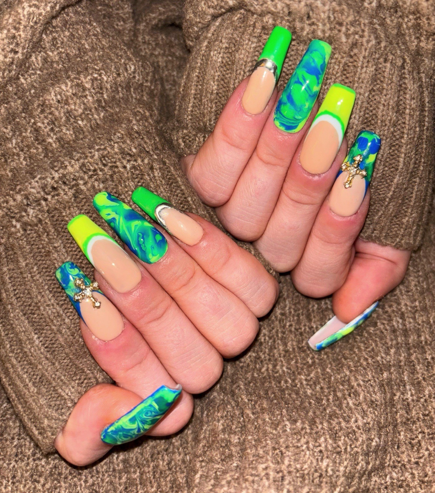 Handmade Press On Nails LONG Coffin Y2K Green Blue TIE DYE Silver Chrome CROSS