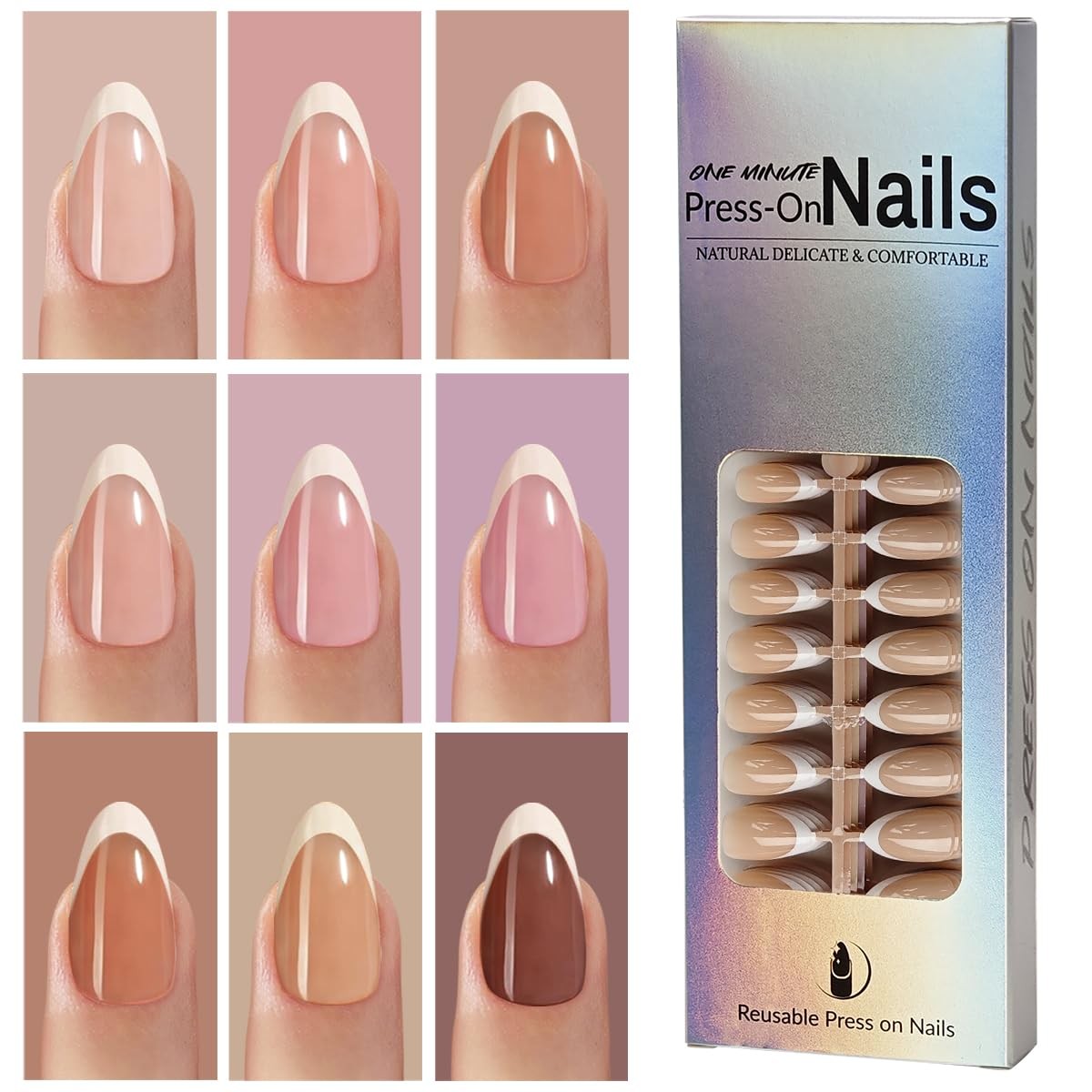 White French Tip Press on Nails Bulk,Short Almond Fake Nails in 9 Base Colors…