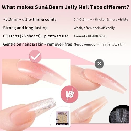 Sun&Beam Jelly Nail Tabs for Press-On Nails, 0.3mm Thin, Waterproof, 600pcs
