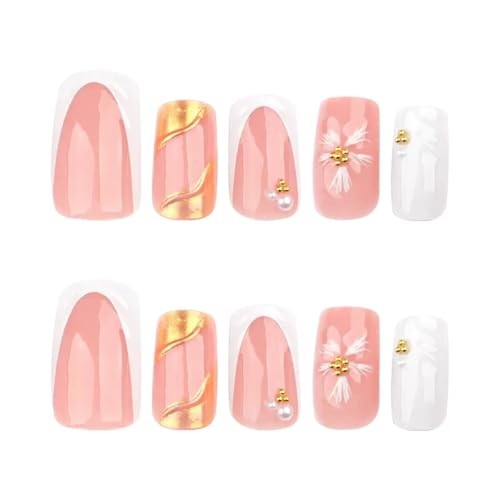 Square Press on Nails Medium Short Fake Nails White 1 Fl Oz (Pack of 1) Gold