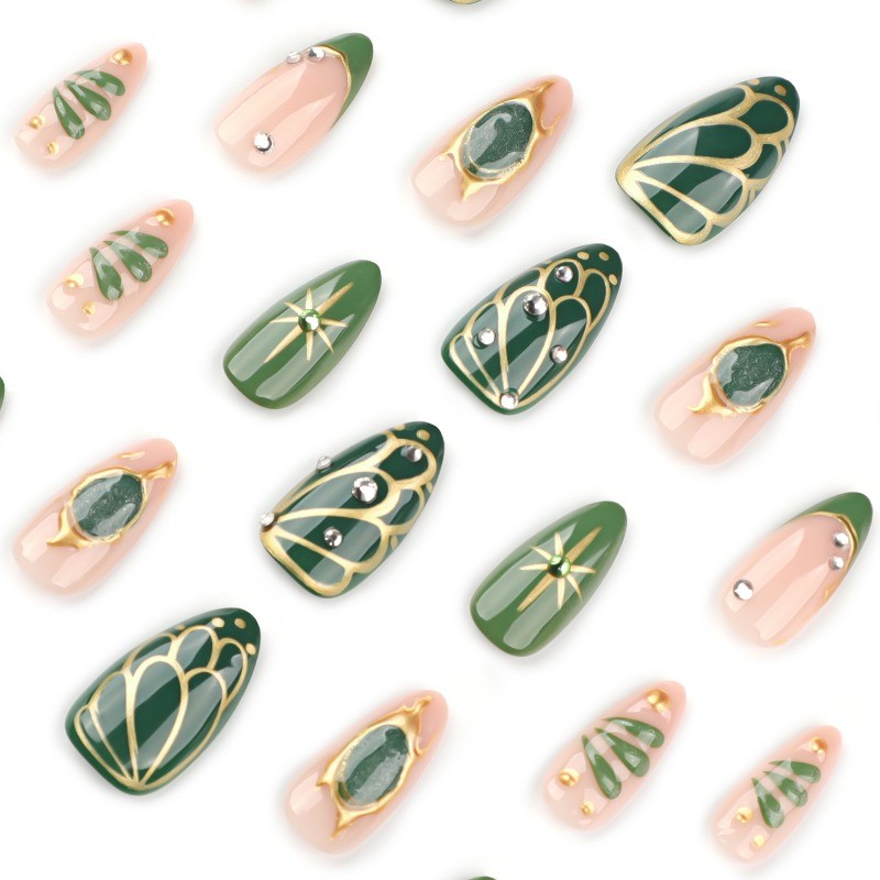 48pcs-Vintage Fake Nails with Green Nude Base, Gold Foil and Gemstone Accents