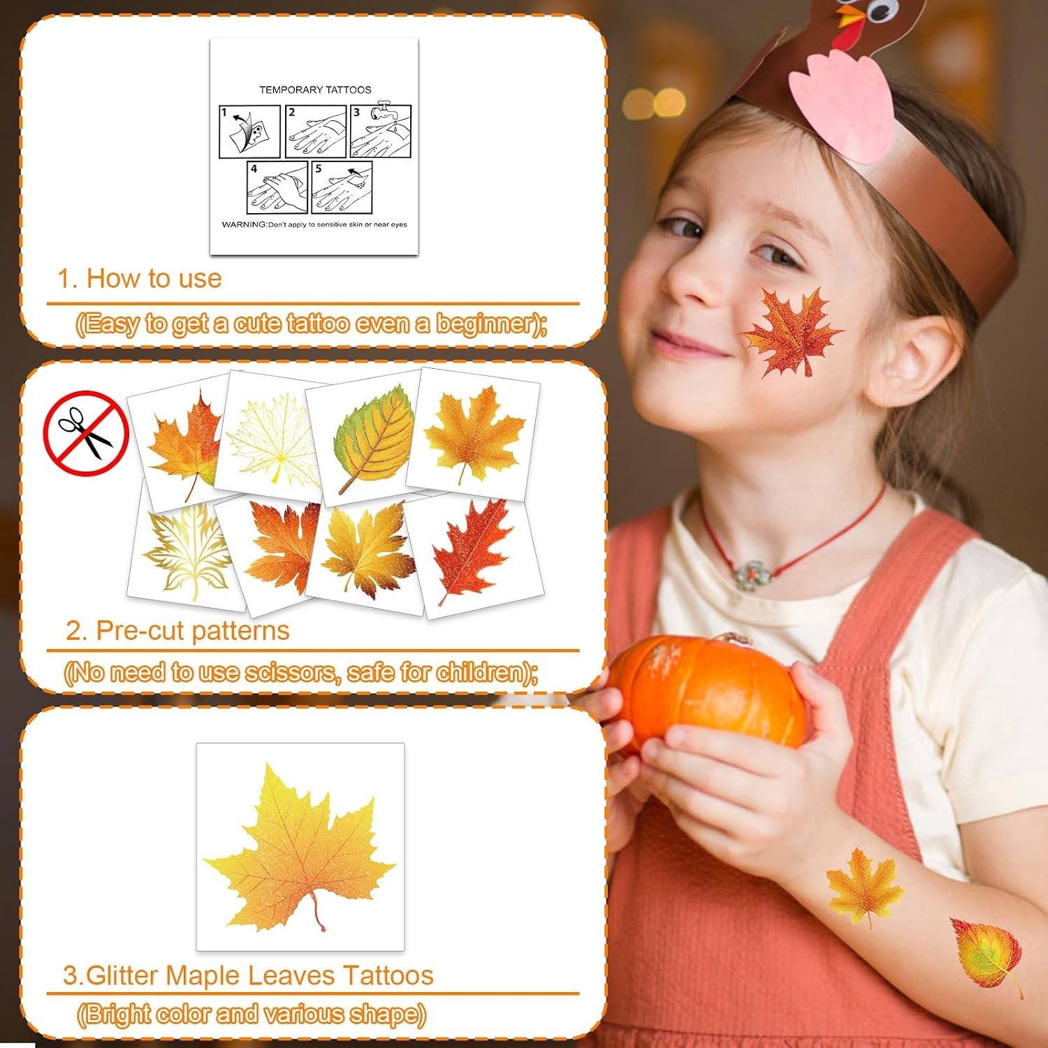 72pcs Glitter Fall Leaves Temporary Tattoos Autumn Harvest Tattoos Stickers f…