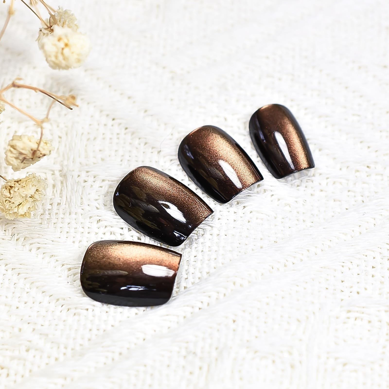 30pcs Glossy Black Brown Cat Eye Press On Nails Coffin Medium Length Nails Sa…