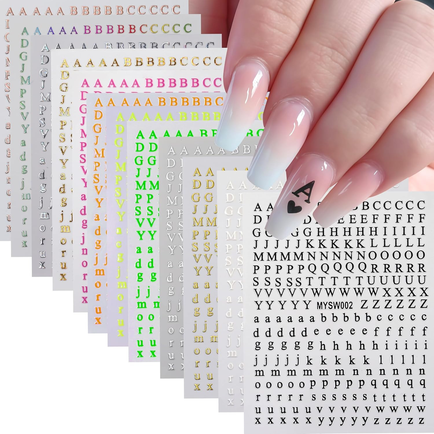 12 Sheets Letters Nail Art Stickers English Alphabet Nail Decals 3D Self-Adhesiv