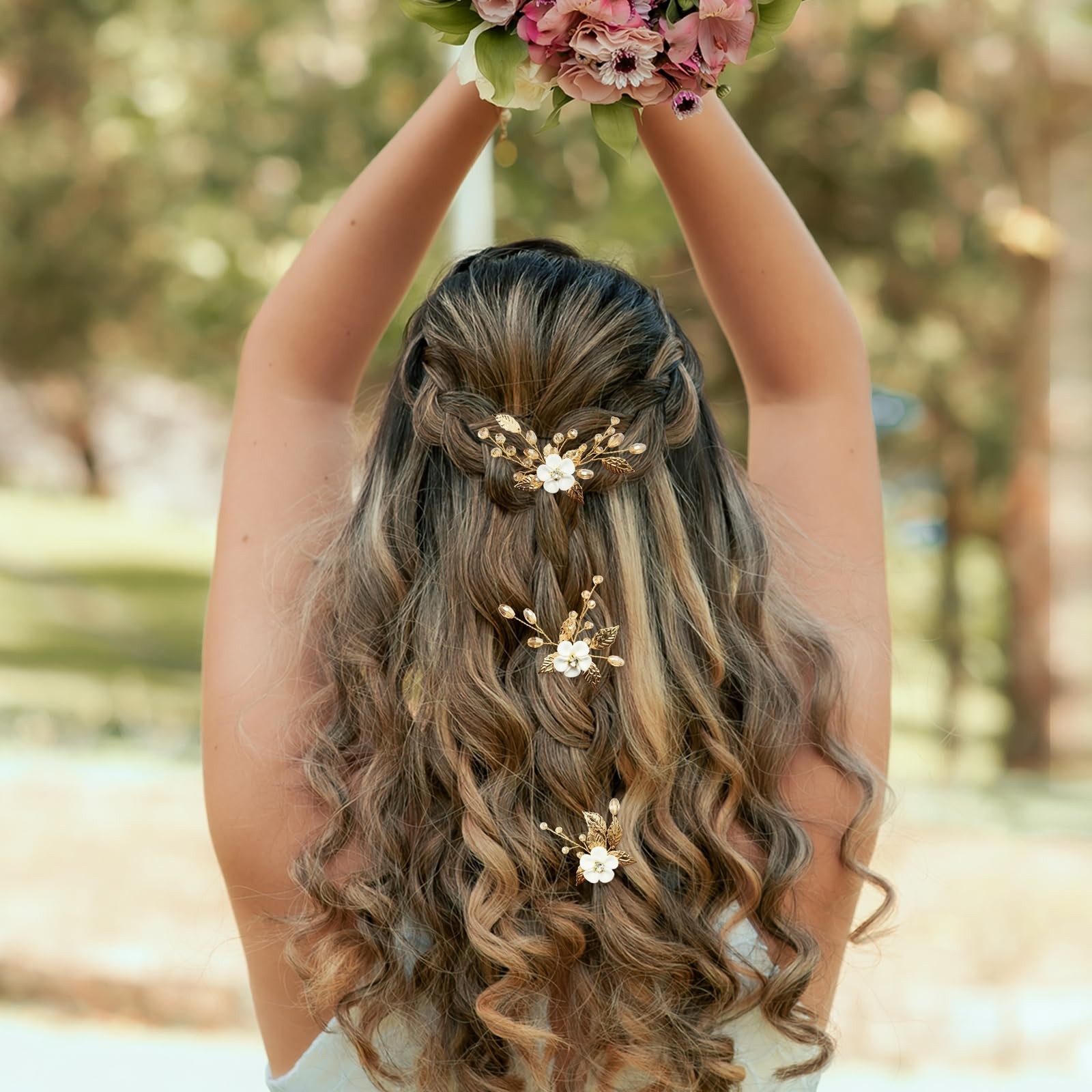 PRETTYLIFE White Flower Hair Pins Bridal Wedding 3 Count (Pack of 1), B Gold
